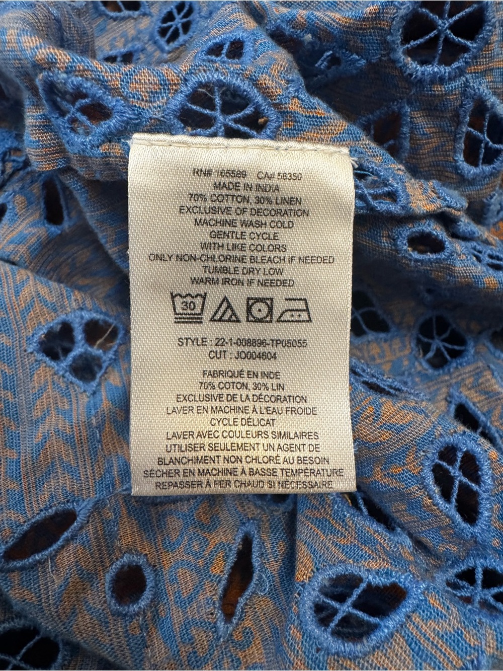 Joie Cotton Linen Embroidered Eyelet Peasant Blouse Boho Blue Brown Long Sleeve - Picture 4 of 4